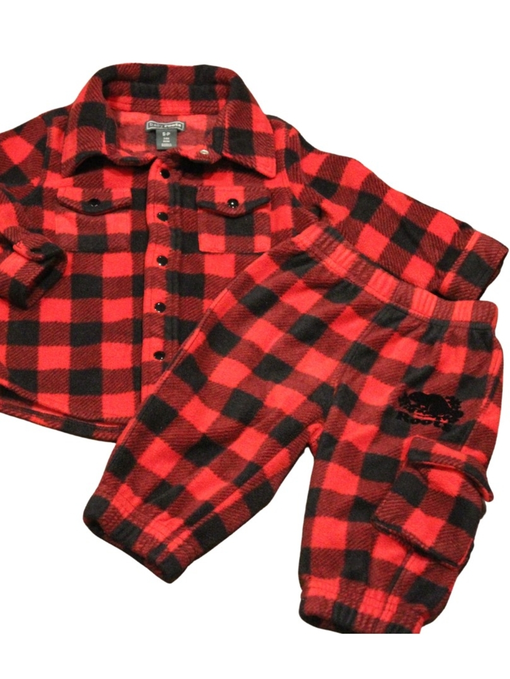 Roots Buffalo Plaid Fleece Shirt and Pants Size 3-6m